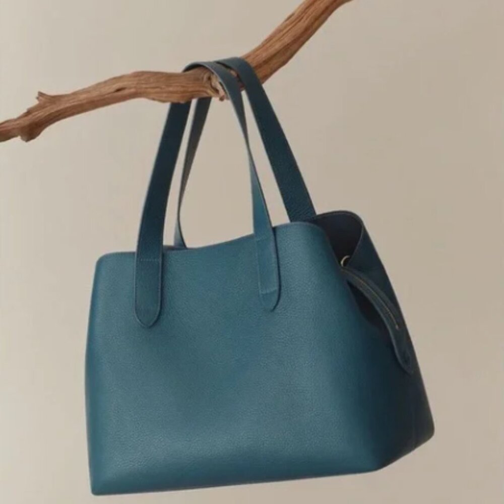 Cuyana Zippered Satchel Pebbled Leather Bag, Adjustable Strap, Deep Ocean Blue